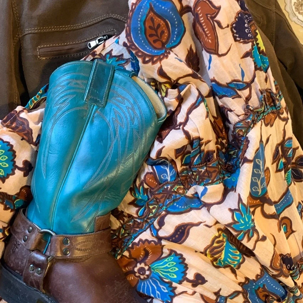 Anthro Love the label V-neck tiered ruffled maxi dress browns blues floral New S - Picture 3 of 16